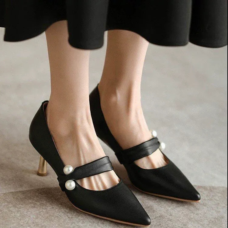 Sling- back Pearl Sheep Suede Leather Pointed Toe Thin Heel Sandals