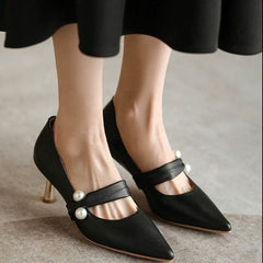 Sling- back Pearl Sheep Suede Leather Pointed Toe Thin Heel Sandals