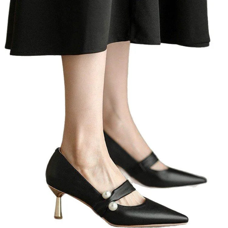 Sling- back Pearl Sheep Suede Leather Pointed Toe Thin Heel Sandals