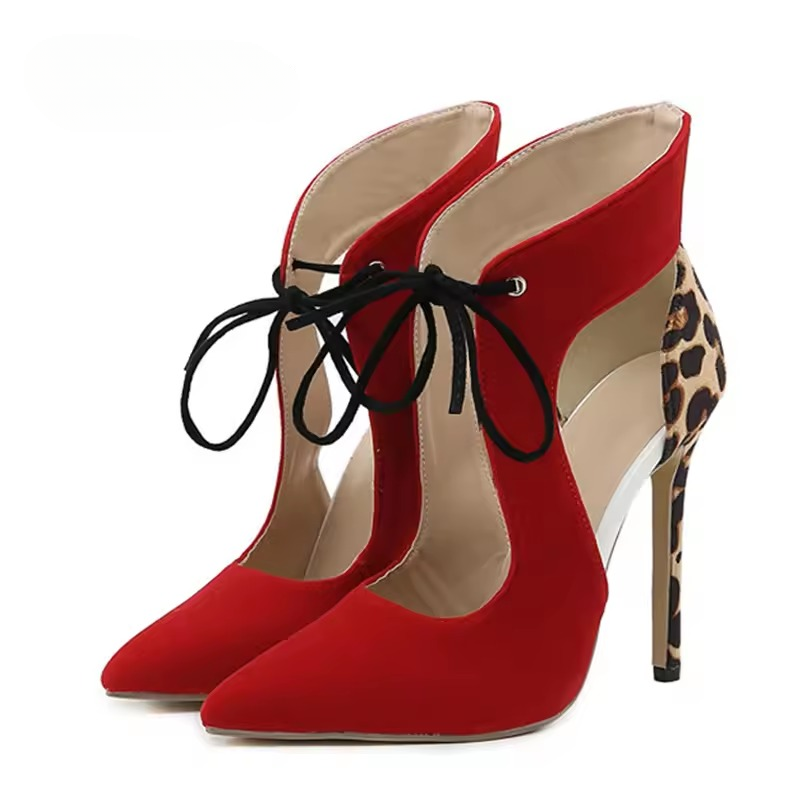 Pointed Toe Lace Up Party Prom Leopard Print Pumps Mule Shoes