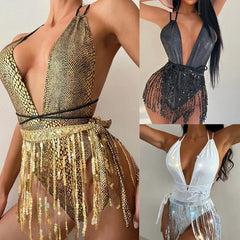 swimsuit new European and American deep V swimsuitsNightclub girls tassel one-piece swimsuits