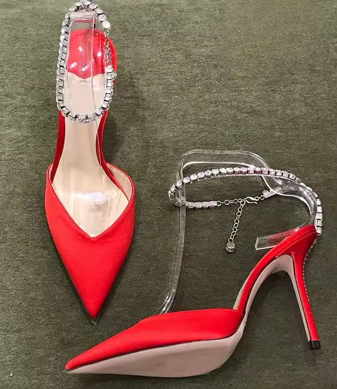 Casual Design Satin Rhinestone Pointed Toe High Heels