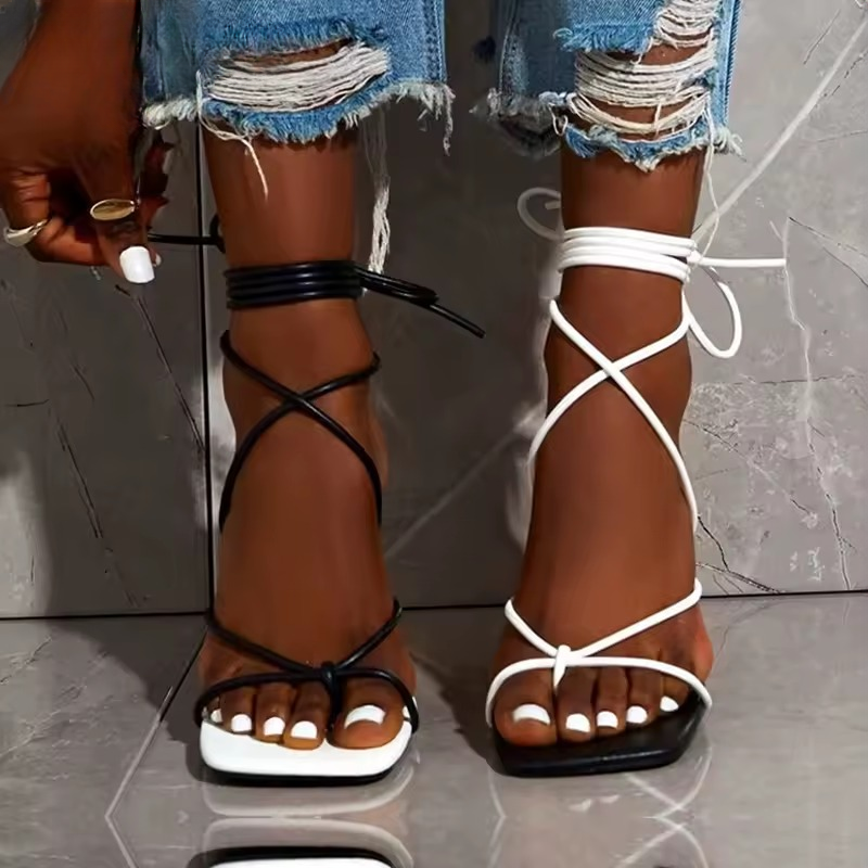 Elegant Square Clip Toe Narrow Band Ankle Lace-Up Party Stiletto High Heels