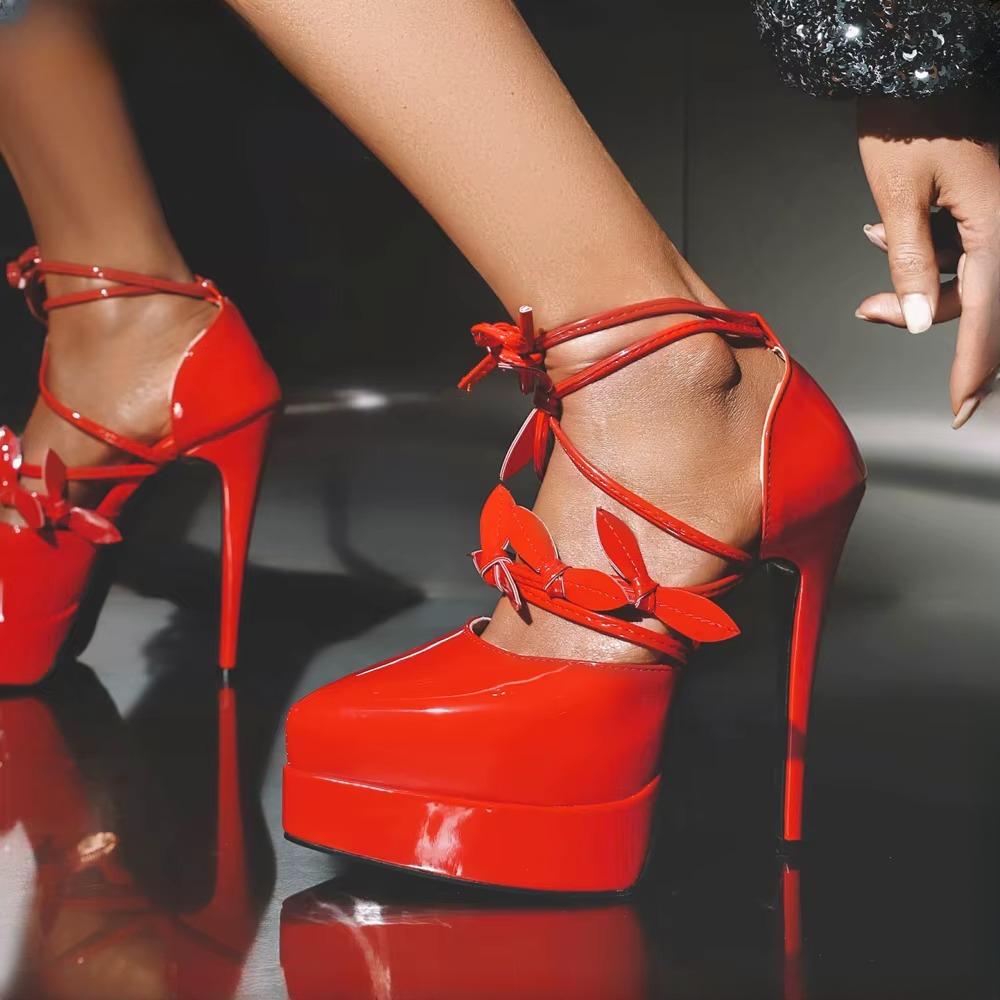 Elegant Pointed Bow Patent Leather Cross Straps Banquet Street High Heels