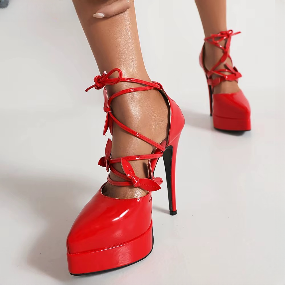 Elegant Pointed Bow Patent Leather Cross Straps Banquet Street High Heels