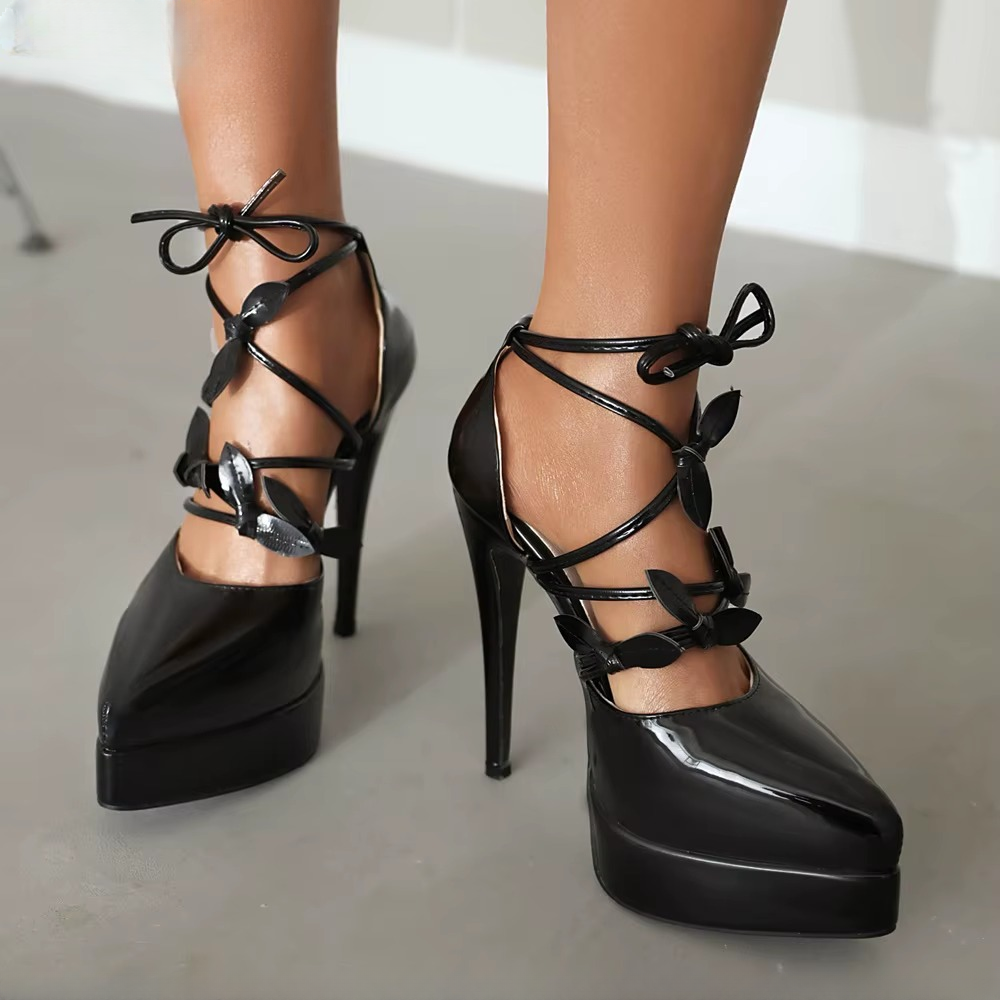 Elegant Pointed Bow Patent Leather Cross Straps Banquet Street High Heels