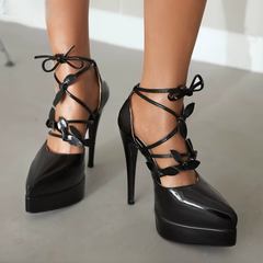 Elegant Pointed Bow Patent Leather Cross Straps Banquet Street High Heels