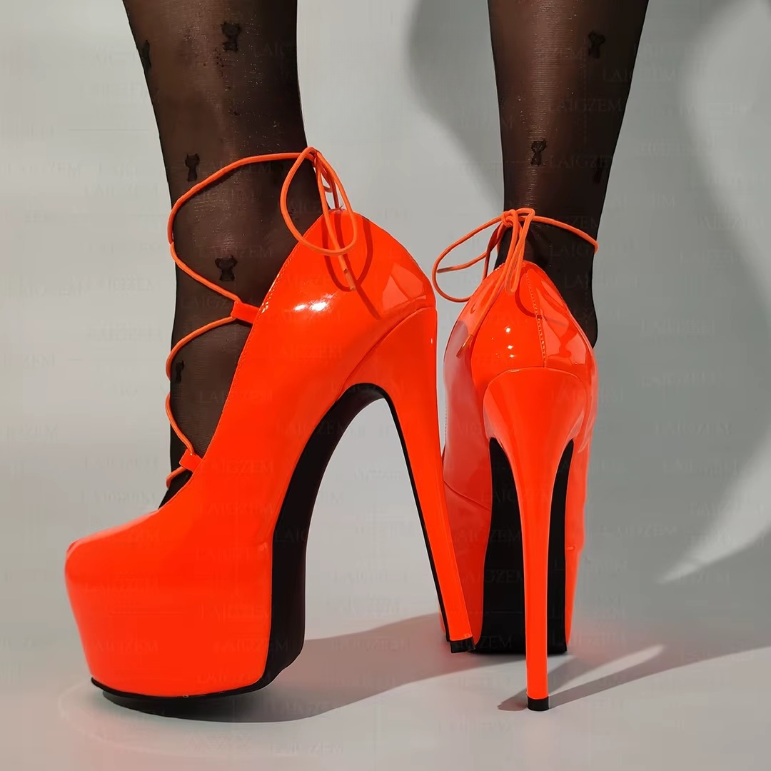 Elegant Lace up Slip On Handmade Pumps Round Toe Shiny Thin High Heels