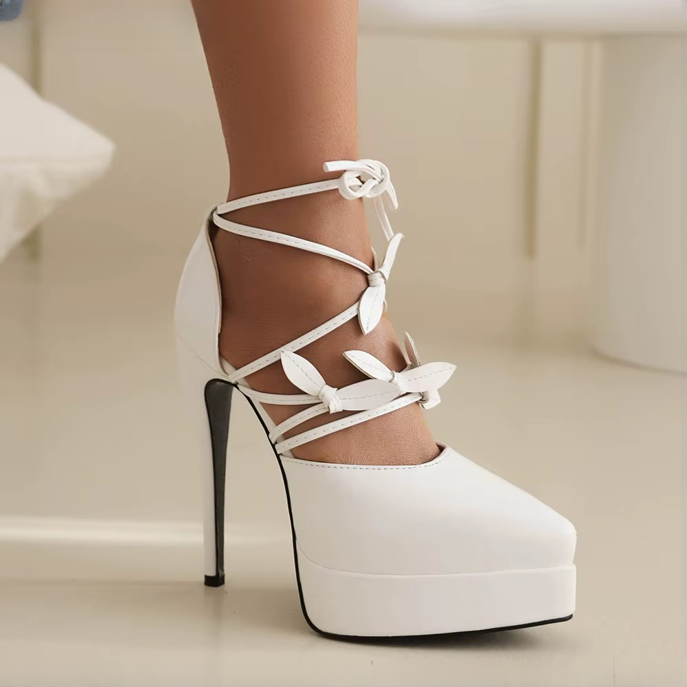 Elegant Pointed Bow Patent Leather Cross Straps Banquet Street High Heels