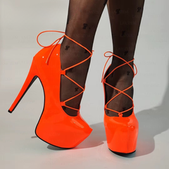 Elegant Lace up Slip On Handmade Pumps Round Toe Shiny Thin High Heels