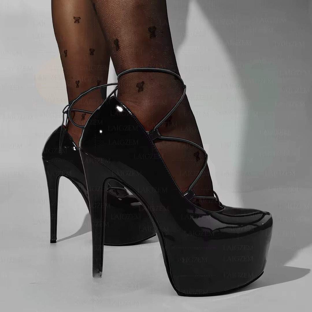 Elegant Lace up Slip On Handmade Pumps Round Toe Shiny Thin High Heels