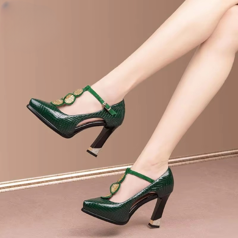 Classics Geometric T-strap Genuine Leather Platform High Heels