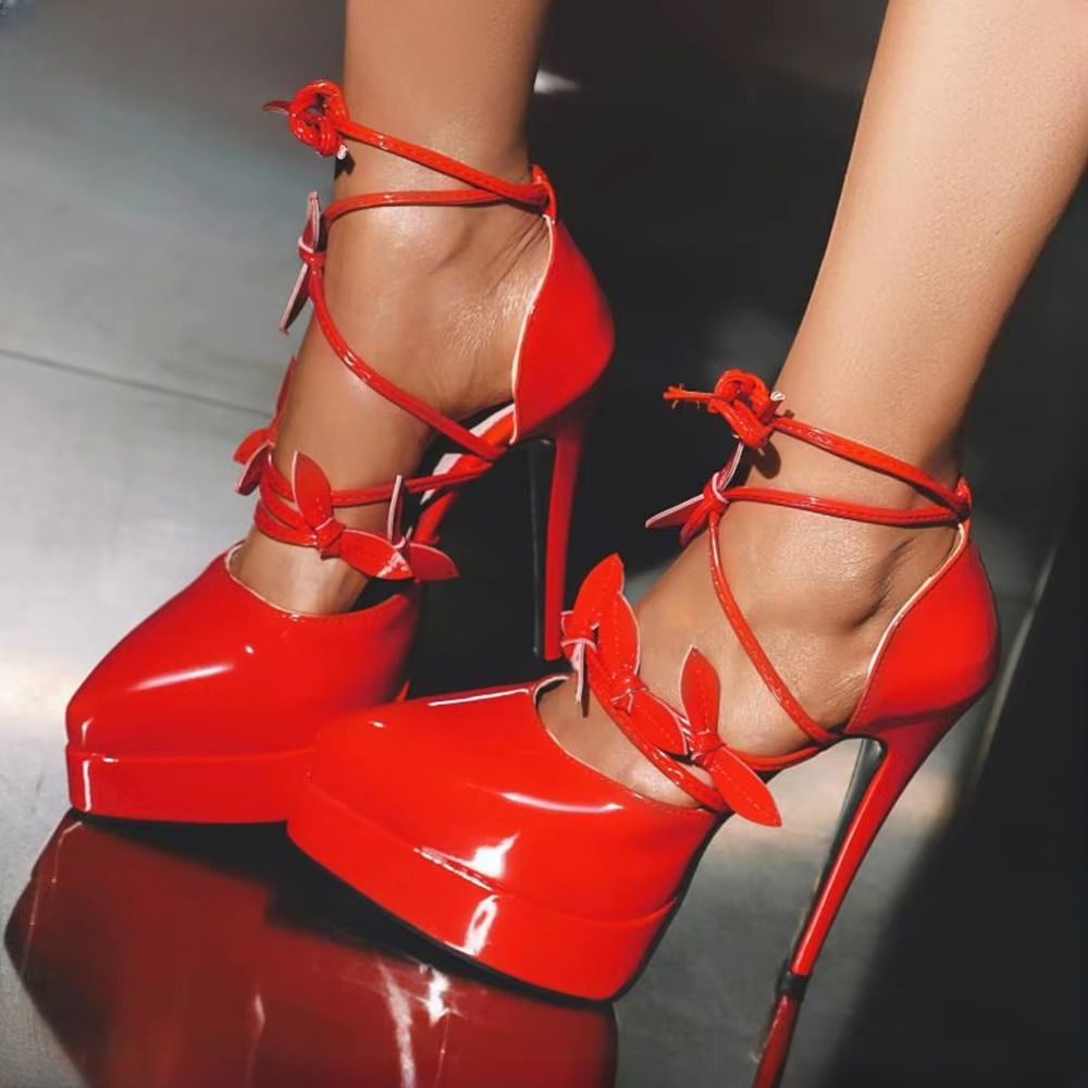 Elegant Pointed Bow Patent Leather Cross Straps Banquet Street High Heels