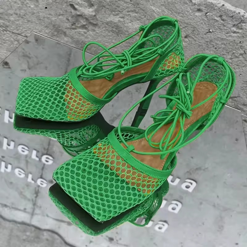 Square Toe High Heel Lace Up Cross-Tied Stiletto Hollow Dress Shoes